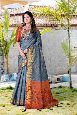 jayant creation Printed Patola Silk Blend Saree(Grey)