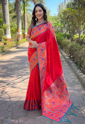 all about you Woven Paithani Silk Blend Saree(Red)