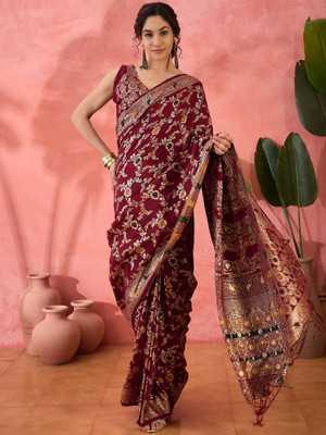 ShopGlobal Woven Banarasi Jacquard Saree(Maroon)
