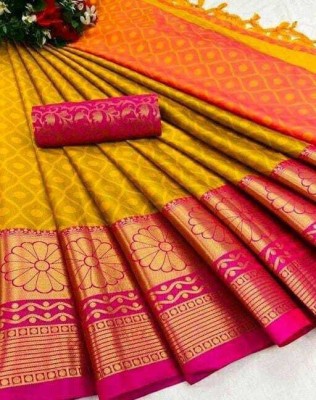 Wamsi Woven Dharmavaram Jacquard, Cotton Silk Saree(Gold, Pink)