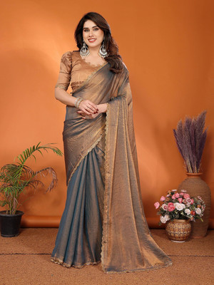 kashvi sarees Embellished, Solid/Plain, Self Design Bollywood Tissue Saree(Grey, Gold)