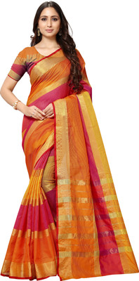 Moda Rapido Self Design, Striped, Woven Kota Doria Cotton Blend Saree(Orange)