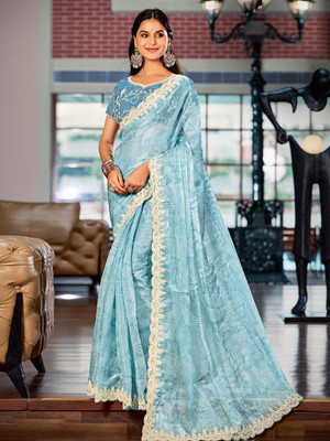 ANOUK Embroidered Bollywood Chiffon Saree(Light Blue)