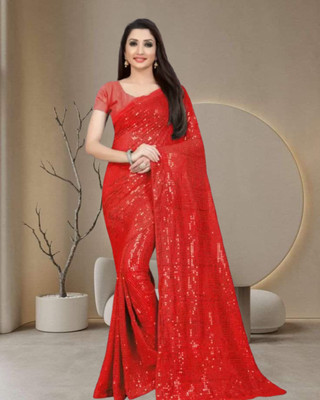 Jayu Digital Print, Dyed, Embroidered, Printed, Self Design, Striped Bollywood Georgette Saree(Red)