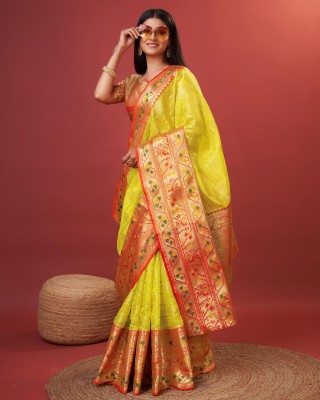 fospy Embellished, Self Design, Woven Banarasi Jacquard, Pure Silk Saree(Yellow)