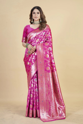 SATQ Woven, Floral Print Kanjivaram Cotton Silk Saree(Dark Blue, Gold)