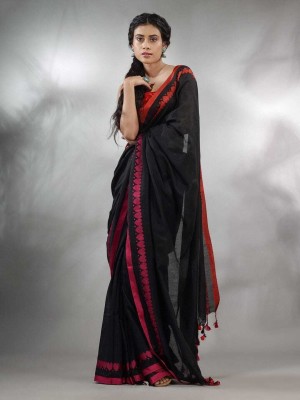 Sthaker Self Design Handloom Cotton Blend Saree(Black)