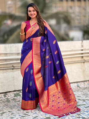 all about you Woven Daily Wear Silk Blend Saree(Blue)