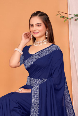KEYU FASHION Solid/Plain Bollywood Georgette Saree(Dark Blue)