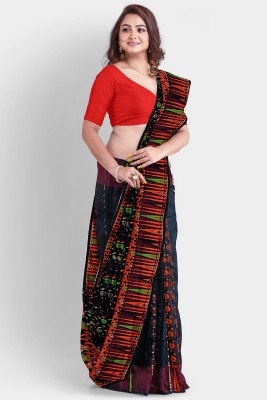 sareespot Printed Jamdani Cotton Silk Saree(Black)