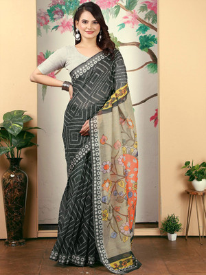 ANOUK Printed Bandhani Linen Saree(Black, Grey)