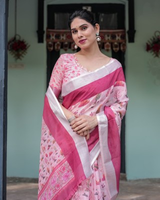 maharani couture Printed Bollywood Cotton Linen Saree(Pink)