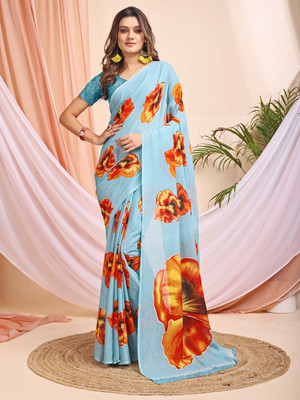 Leelavati Printed Bollywood Chiffon Saree(Light Blue)