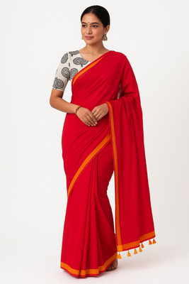 SMRITI HANDLOOM Solid/Plain Handloom Handloom Pure Cotton Saree(Red, Yellow)