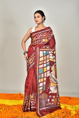 Ramshyam Collection Woven Kantha Pure Silk Saree(Maroon)