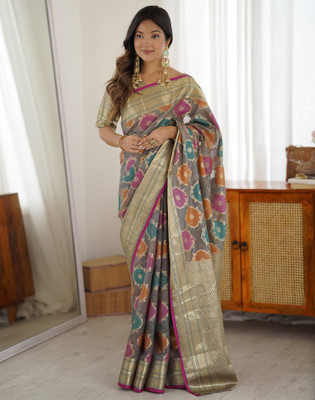 Satrani Woven Banarasi Silk Blend Saree(Grey, Multicolor)
