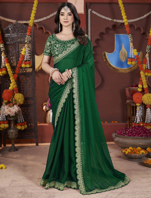 Laddu creation Embroidered Bollywood Satin, Silk Blend Saree(Green)