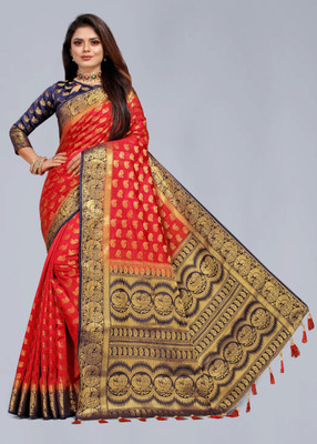 FINE WEAR Woven Banarasi Cotton Silk Saree(Multicolor)