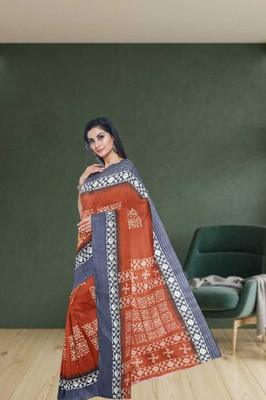 Classy Foriever Printed Ikkat Cotton Blend Saree(Orange)