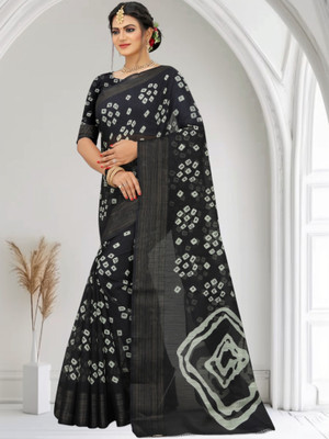 Grubstaker Printed Hand Batik Cotton Blend Saree(Black)