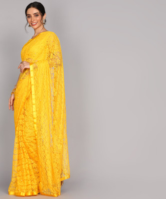 LOROFY Embellished Bollywood Net Saree(Yellow)