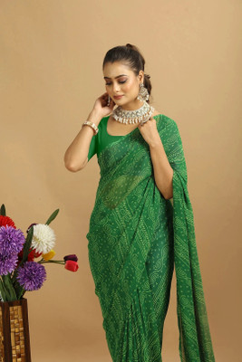 Damru trendz Printed Leheria Georgette Saree(Green)