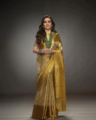 sareya veela Solid/Plain, Embroidered Maheshwari Georgette Saree(Gold)