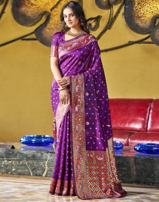 Divastri Woven, Embellished, Self Design Paithani Art Silk Saree(Purple, Gold)