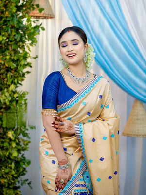YINATZ KY GARCIA CREATION Woven Mekhela Chador Silk Blend Saree(Beige)