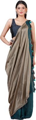 Durga Handlooms Solid/Plain Handloom Cotton Linen Saree(Green)