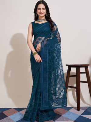 Celeb Styles Embroidered Bollywood Net Saree(Blue)