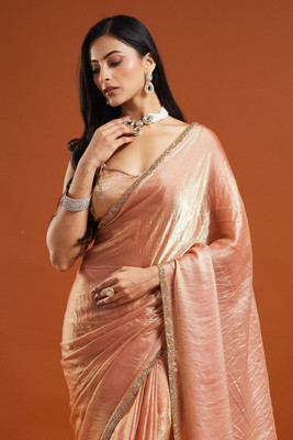 QVIDYA Embellished, Solid/Plain Bollywood Silk Blend, Nylon Saree(Orange)