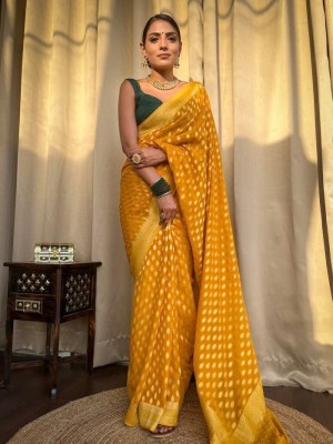 VISVASTA Embroidered, Self Design, Woven, Printed, Temple Border, Striped Bollywood Jacquard, Art Silk Saree(Yellow)