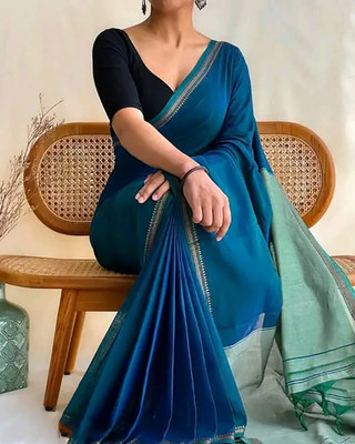 HouseOfCommon Solid/Plain Handloom Cotton Blend Saree(Blue)