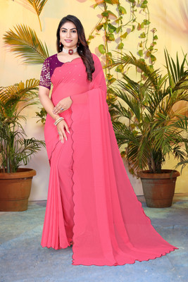 DJHANDPRINTS Solid/Plain, Woven Bollywood Georgette Saree(Pink)