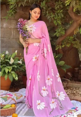 Shubharam Floral Print, Printed Bollywood Linen, Cotton Blend Saree(Pink)