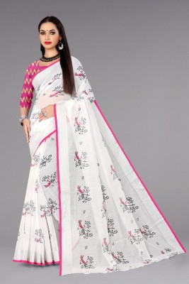 ShreejiDesign Printed Bollywood Cotton Linen Saree(White)