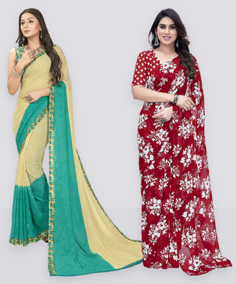 Anand Sarees Floral Print Daily Wear Georgette Saree(Pack of 2, Beige, Light Blue, Red)