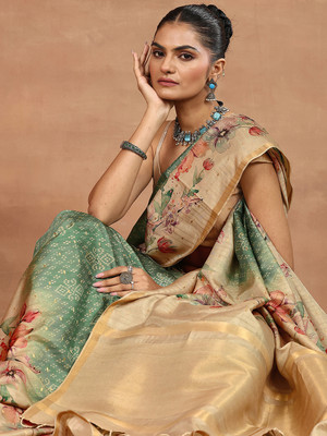 LIBAS Printed Daily Wear Silk Blend Saree(Green)