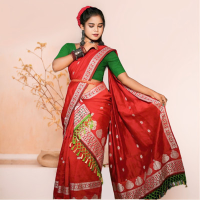 Prithvi Self Design Assam Silk Pure Silk Saree(Red)