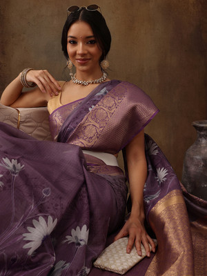 Divastri Digital Print Banarasi Silk Blend Saree(Purple)