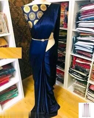 Hari Om Fab Solid/Plain Bollywood Satin Saree(Blue)