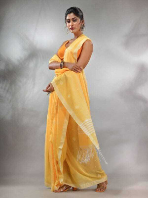 sourav biswas Temple Border, Solid/Plain Tant Pure Cotton Saree(Yellow)