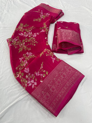 Vichitra Floral Print Daily Wear Silk Blend Saree(Pink)