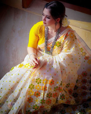 Kiaaa Printed, Floral Print Daily Wear Linen Saree(Cream, Yellow)