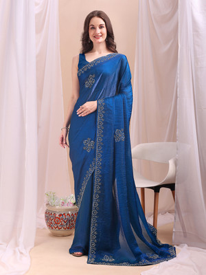 HERVALLY Woven Bollywood Chiffon Saree(Blue)