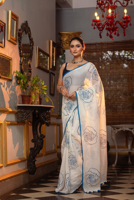 ROOTS Floral Print Handloom Pure Cotton Saree(Blue)
