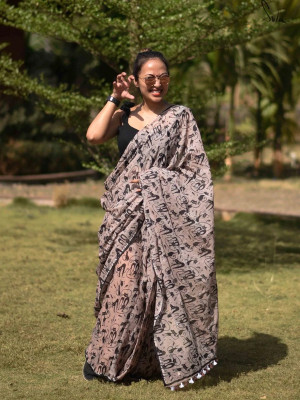 Suta Woven Handloom Pure Cotton Saree(Beige)