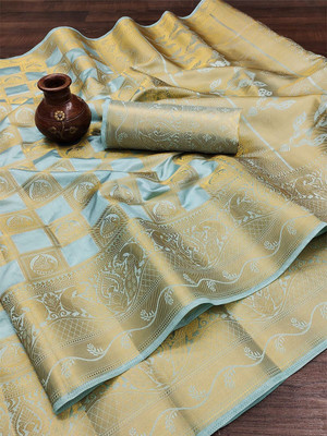 Divastri Printed Banarasi Cotton Silk Saree(Light Blue)