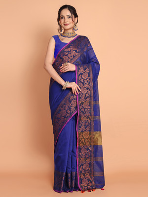 TANTLOOM Woven Handloom Cotton Blend Saree(Blue)